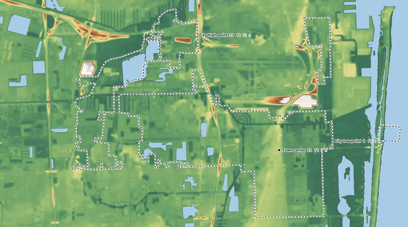 Topographic elevation map of Dania Beach, Florida, shaded from sea level level on the Atlantic Ocean to 39 ft on the northwest side