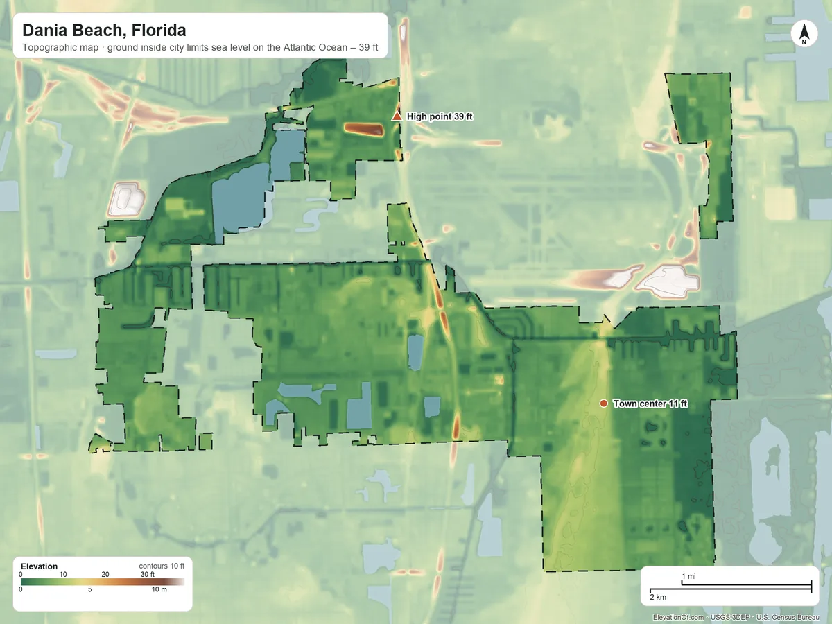 Topographic elevation map of Dania Beach, Florida, shaded from sea level level on the Atlantic Ocean to 39 ft on the northwest side