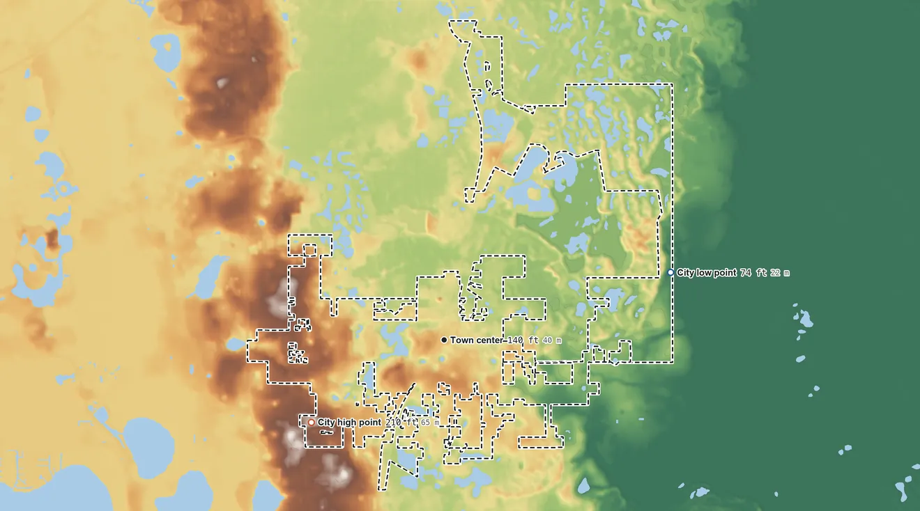 Topographic elevation map of Davenport, Florida, shaded from 74 ft on the east side to 210 ft on the southwest side