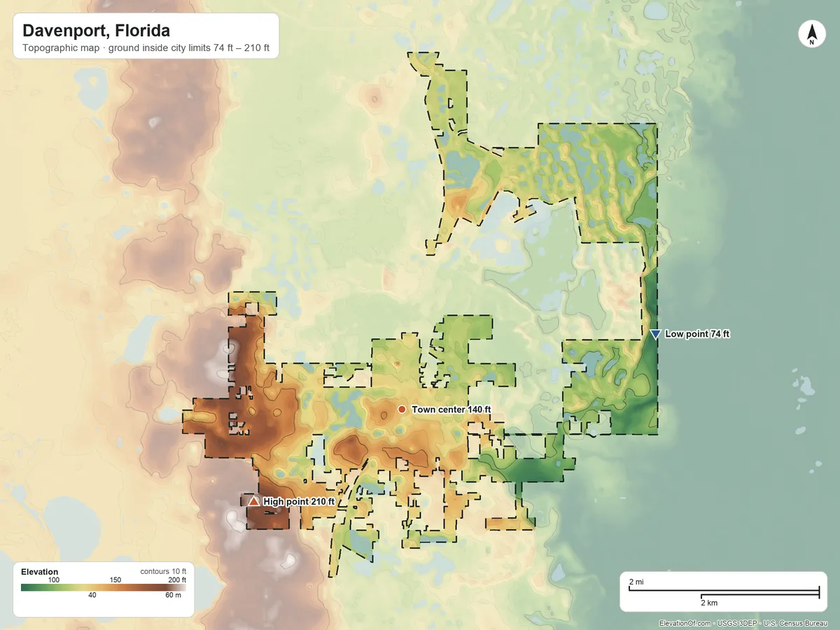 Topographic elevation map of Davenport, Florida, shaded from 74 ft on the east side to 210 ft on the southwest side