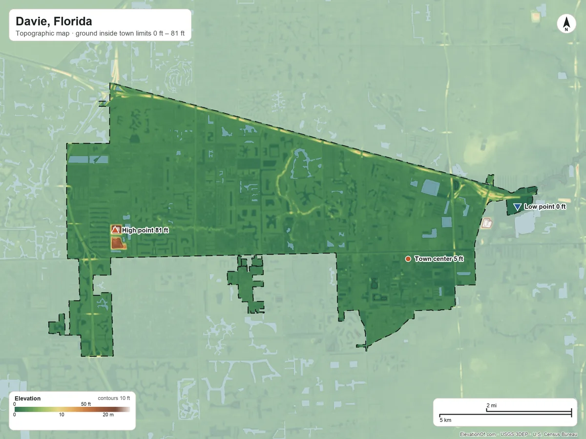 Topographic elevation map of Davie, Florida, shaded from 0 ft on the northeast side to 81 ft on the west side