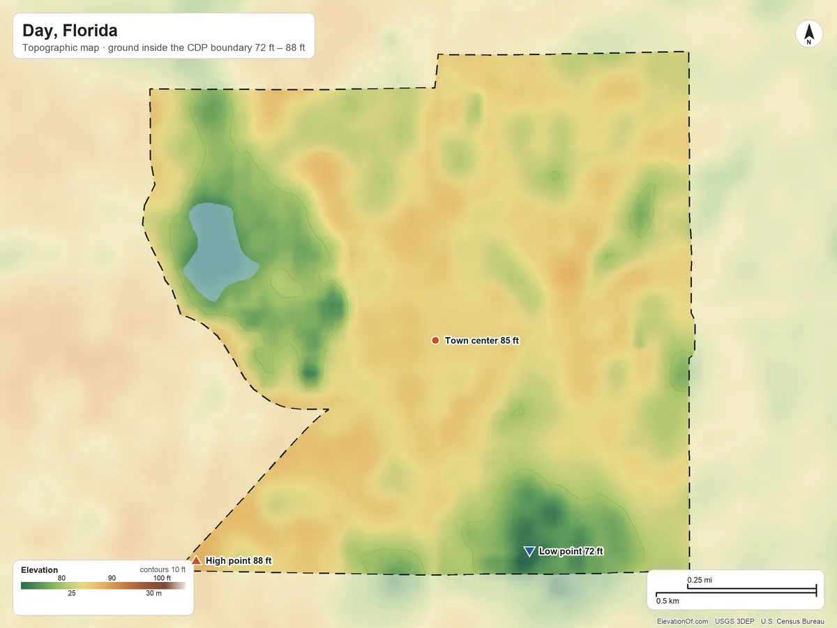 Topographic elevation map of Day, Florida, shaded from 72 ft on the southeast side to 88 ft on the southwest side