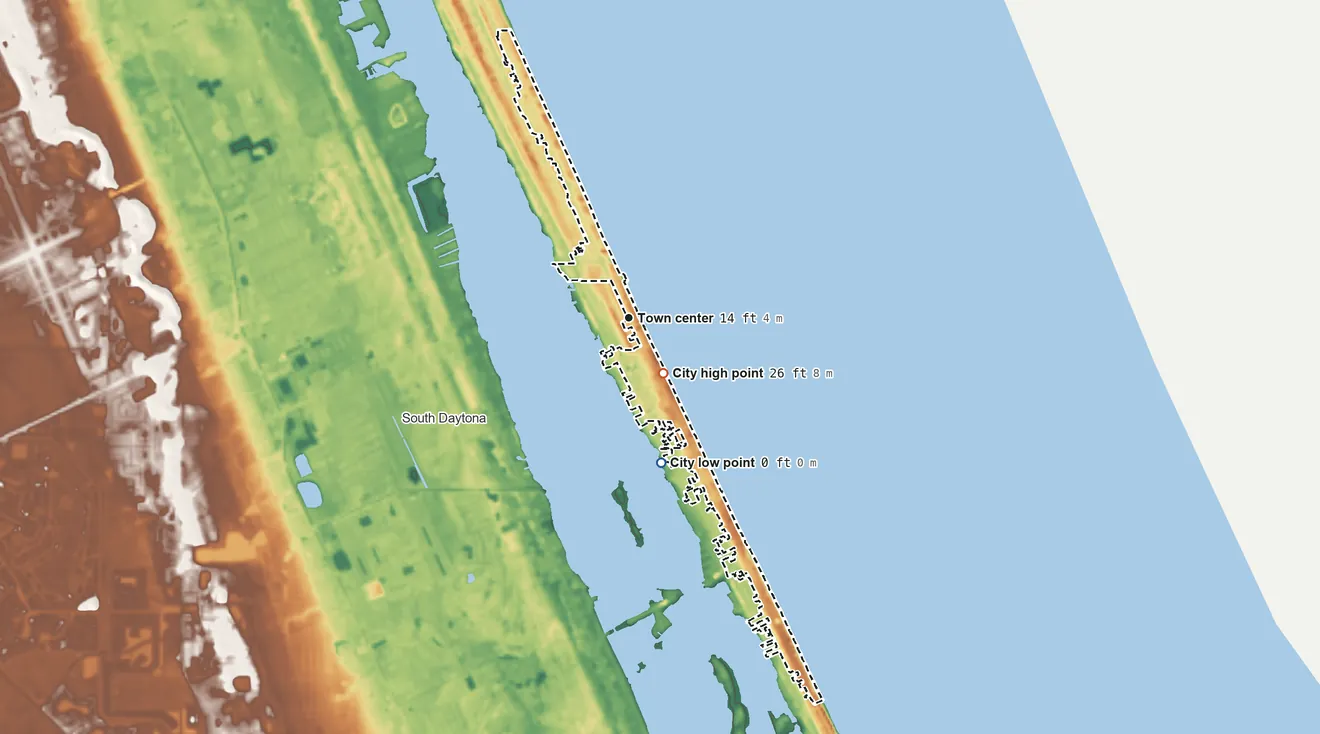 Topographic elevation map of Daytona Beach Shores, Florida, shaded from sea level level on the Atlantic Ocean to 26 ft near the middle
