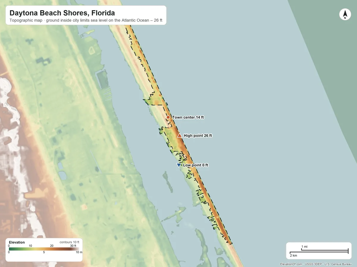 Topographic elevation map of Daytona Beach Shores, Florida, shaded from sea level level on the Atlantic Ocean to 26 ft near the middle