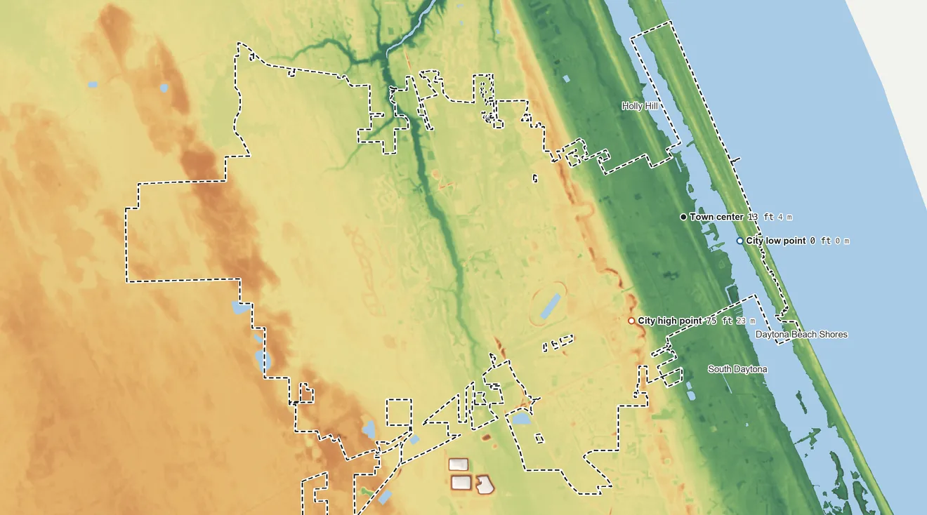 Topographic elevation map of Daytona Beach, Florida, shaded from sea level level on the Atlantic Ocean to 75 ft on the southwest side