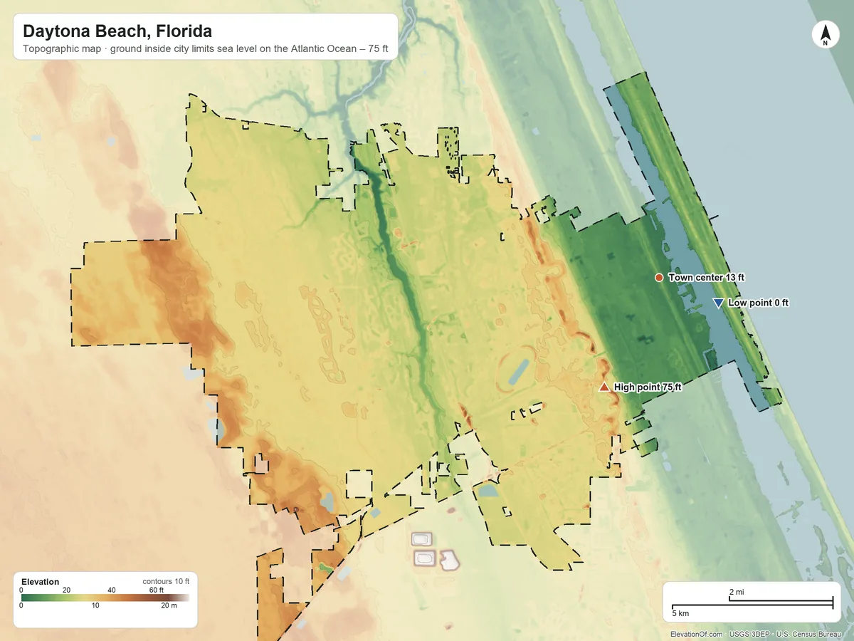 Topographic elevation map of Daytona Beach, Florida, shaded from sea level level on the Atlantic Ocean to 75 ft on the southwest side