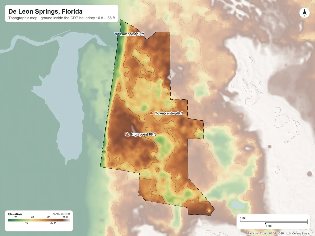 Topographic elevation map of De Leon Springs, Florida, shaded from 10 ft on the northwest side to 86 ft on the southwest side