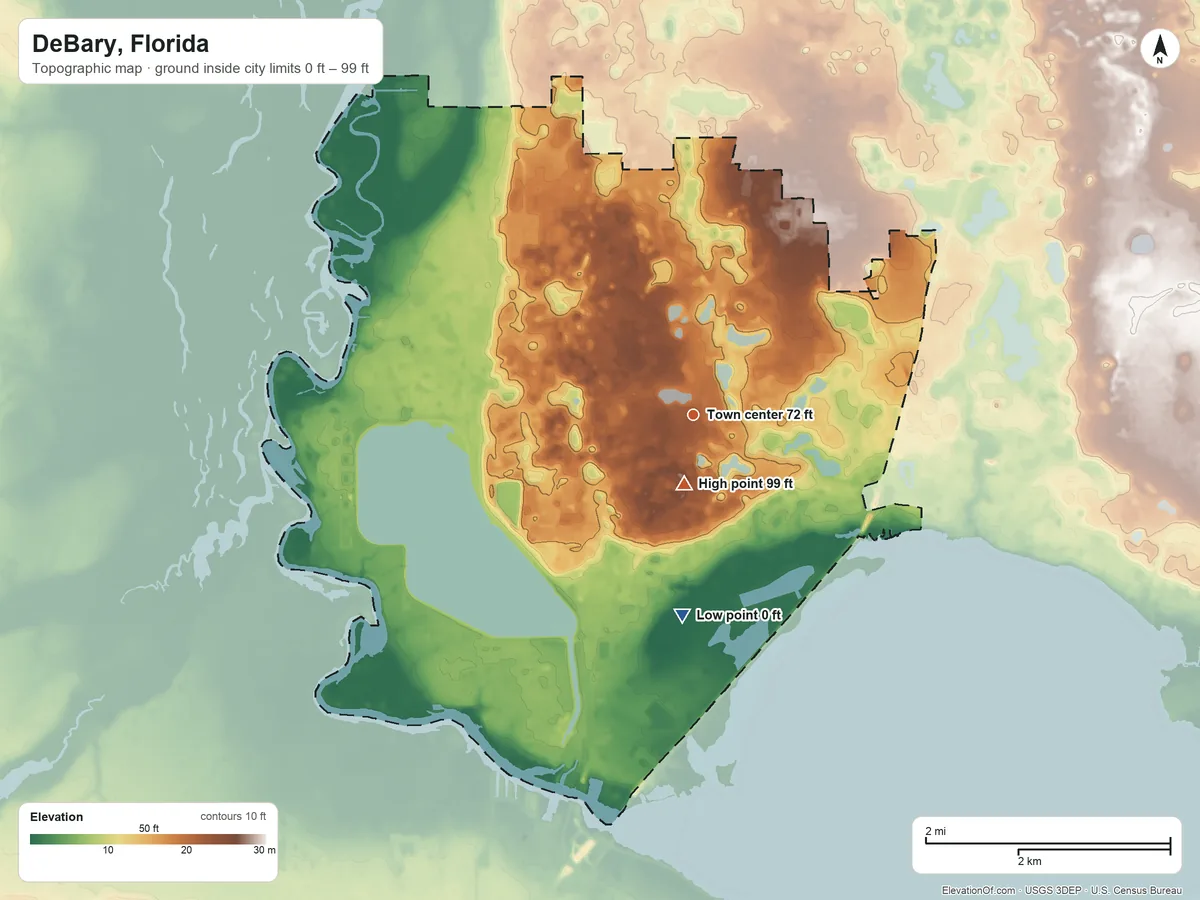 Topographic elevation map of DeBary, Florida, shaded from 0 ft on the south side to 99 ft near the middle