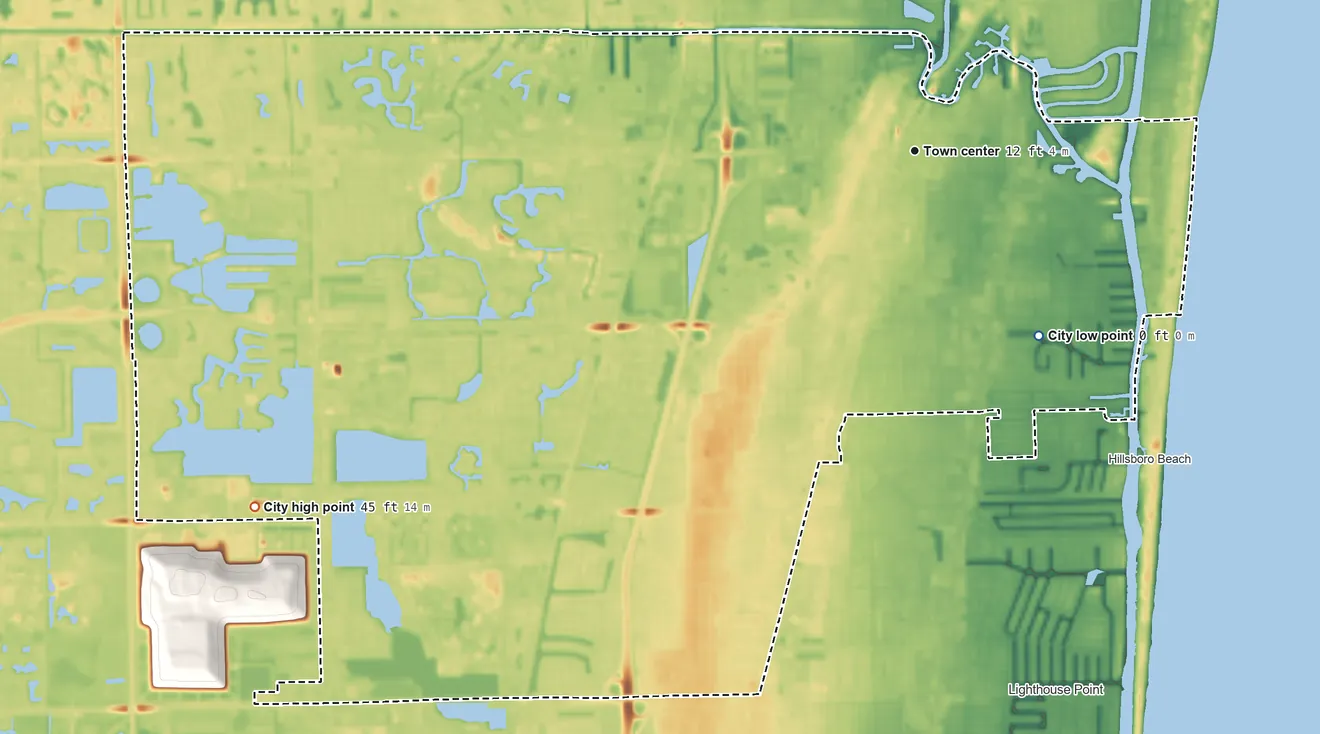 Topographic elevation map of Deerfield Beach, Florida, shaded from sea level level on the Atlantic Ocean to 45 ft on the southwest side