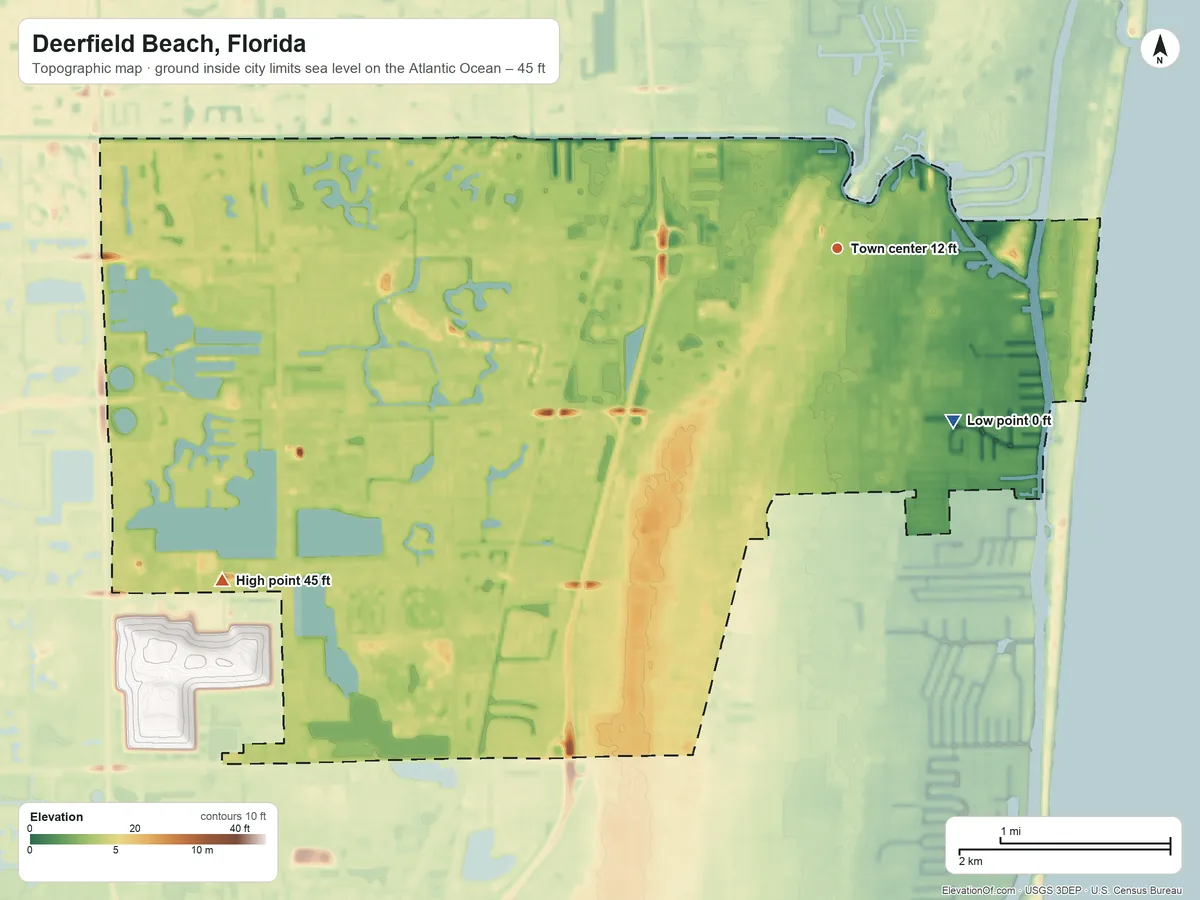 Topographic elevation map of Deerfield Beach, Florida, shaded from sea level level on the Atlantic Ocean to 45 ft on the southwest side