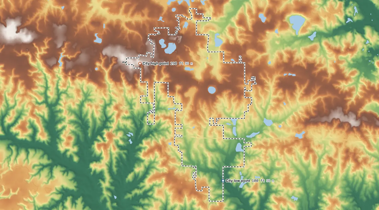 Topographic elevation map of DeFuniak Springs, Florida, shaded from 100 ft on the south side to 290 ft on the west side