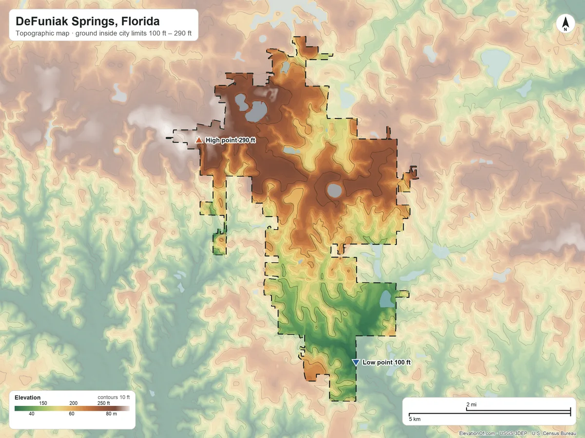 Topographic elevation map of DeFuniak Springs, Florida, shaded from 100 ft on the south side to 290 ft on the west side