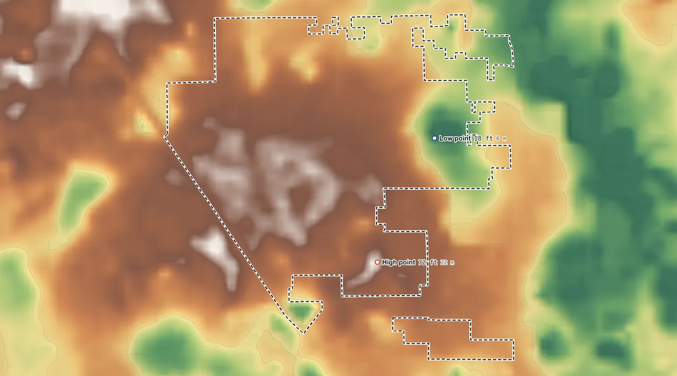 Topographic elevation map of DeLand Southwest, Florida, shaded from 18 ft on the east side to 72 ft on the south side