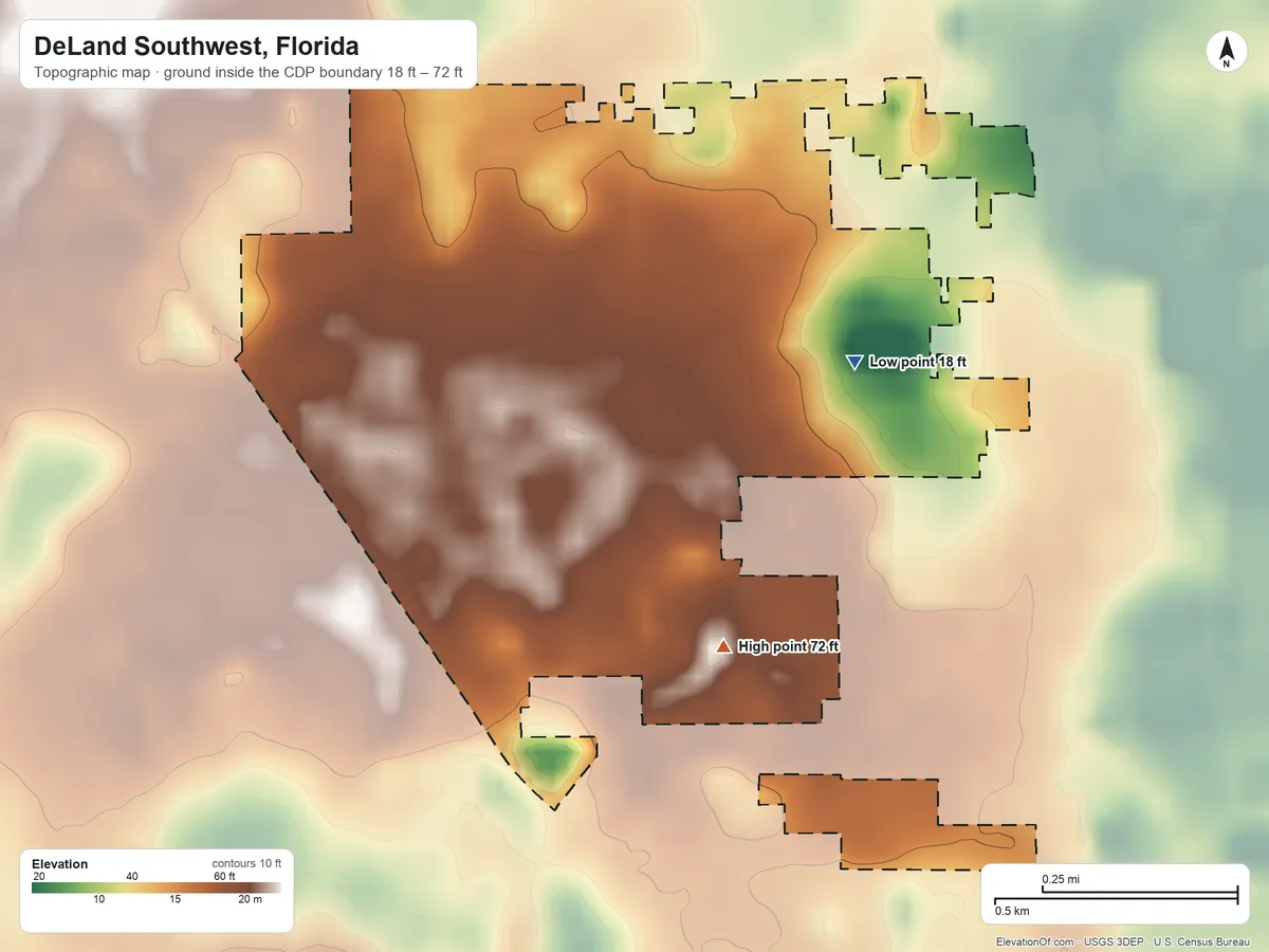 Topographic elevation map of DeLand Southwest, Florida, shaded from 18 ft on the east side to 72 ft on the south side