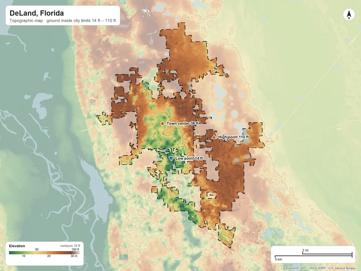 Topographic elevation map of DeLand, Florida, shaded from 14 ft on the south side to 110 ft on the east side
