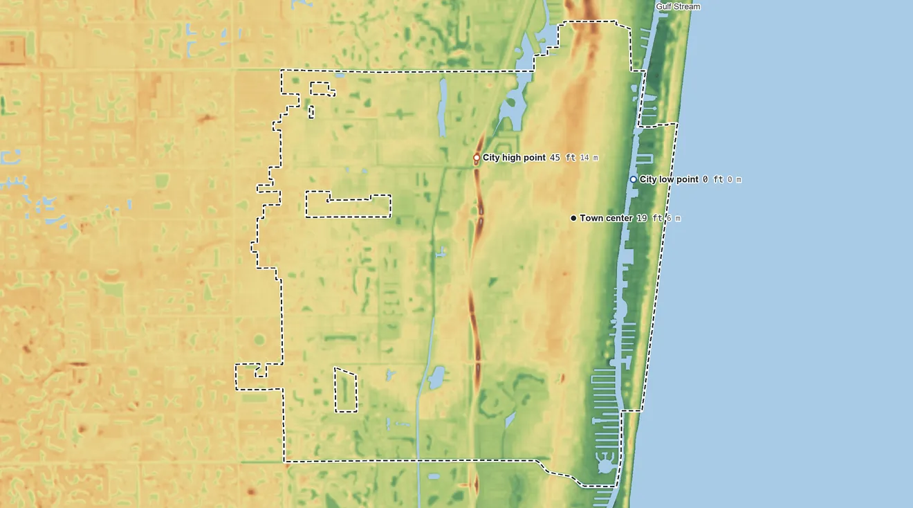 Topographic elevation map of Delray Beach, Florida, shaded from sea level level on the Atlantic Ocean to 45 ft on the northwest side