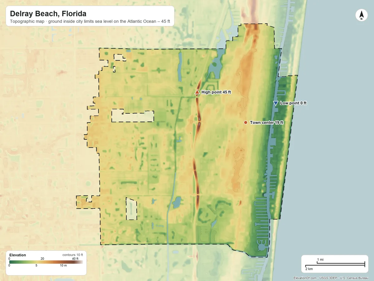 Topographic elevation map of Delray Beach, Florida, shaded from sea level level on the Atlantic Ocean to 45 ft on the northwest side