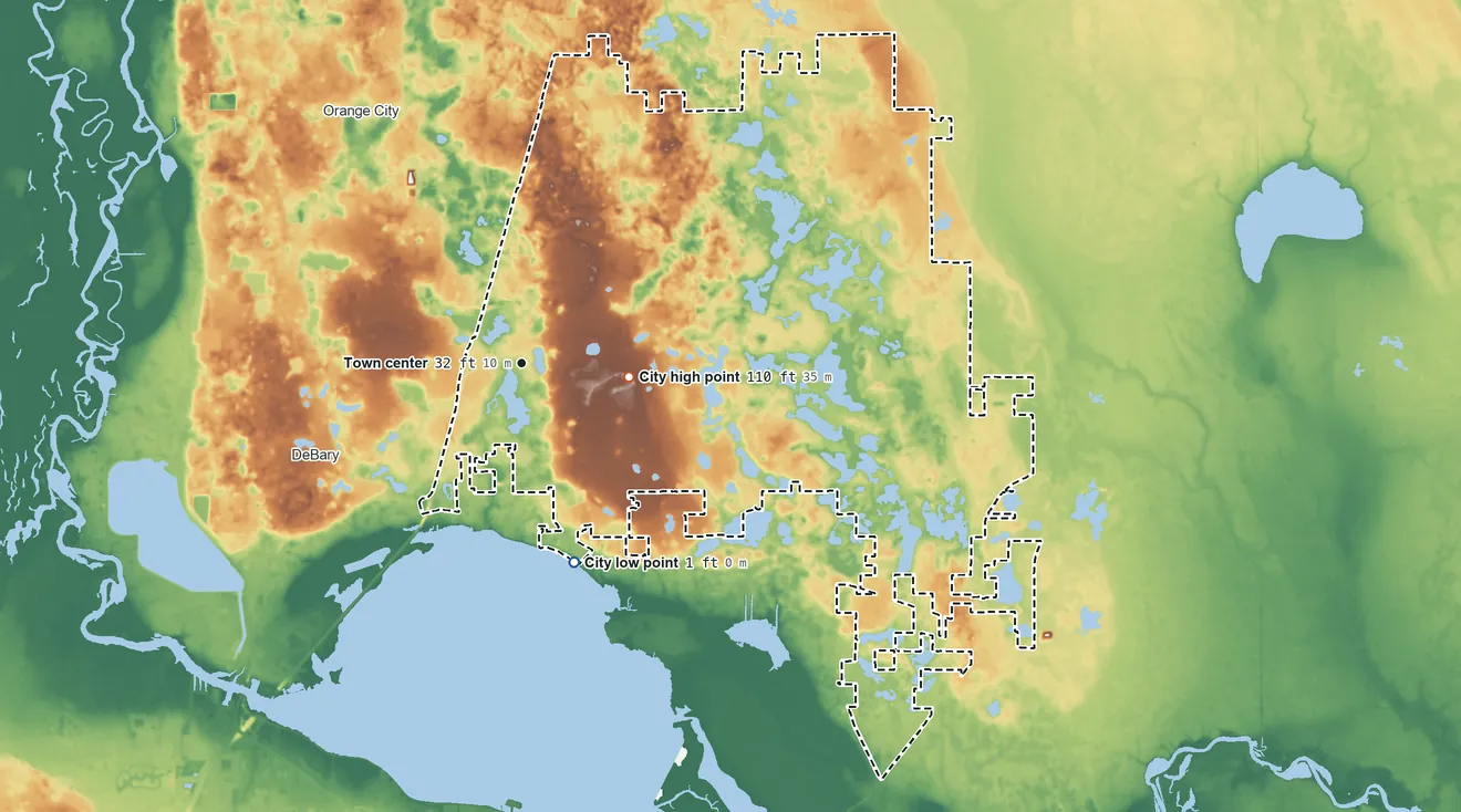 Topographic elevation map of Deltona, Florida, shaded from 1 ft on the south side to 110 ft on the east side