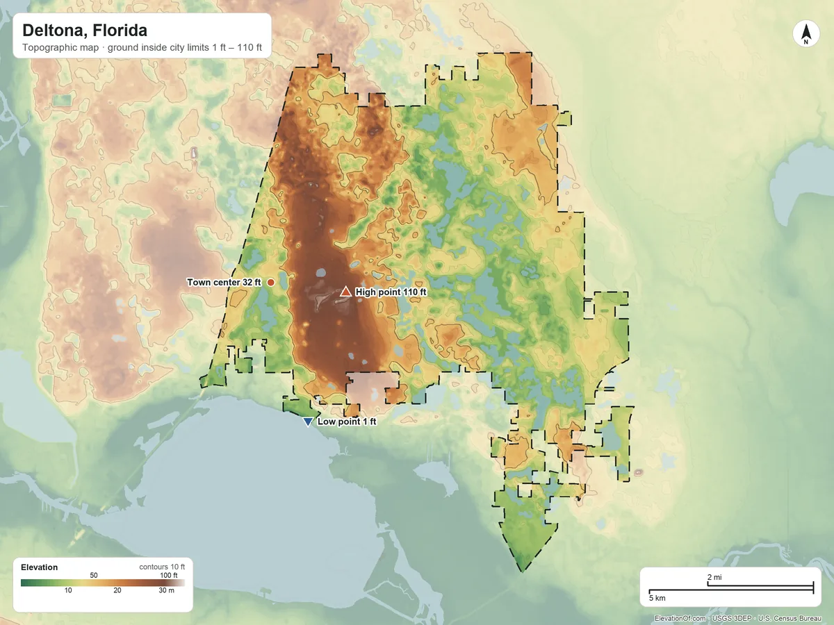 Topographic elevation map of Deltona, Florida, shaded from 1 ft on the south side to 110 ft on the east side