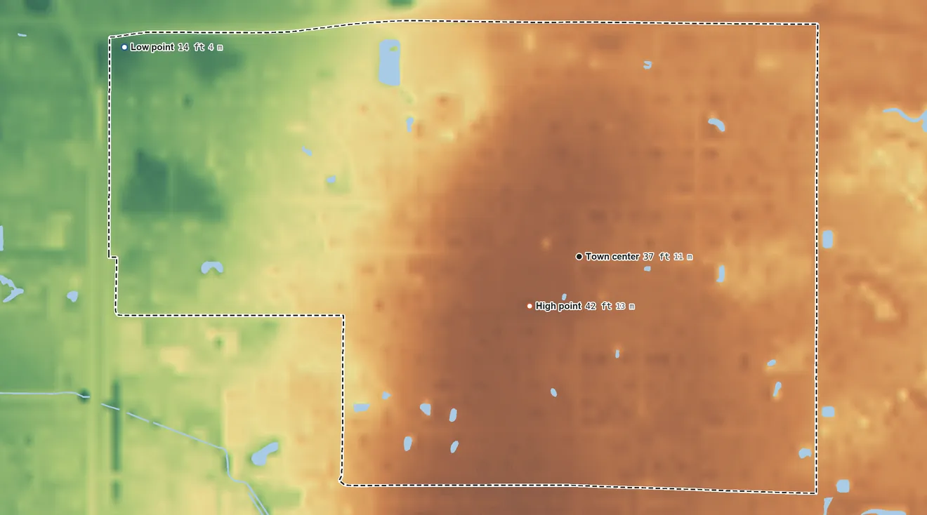 Topographic elevation map of Desoto Acres, Florida, shaded from 14 ft on the northwest side to 42 ft near the middle