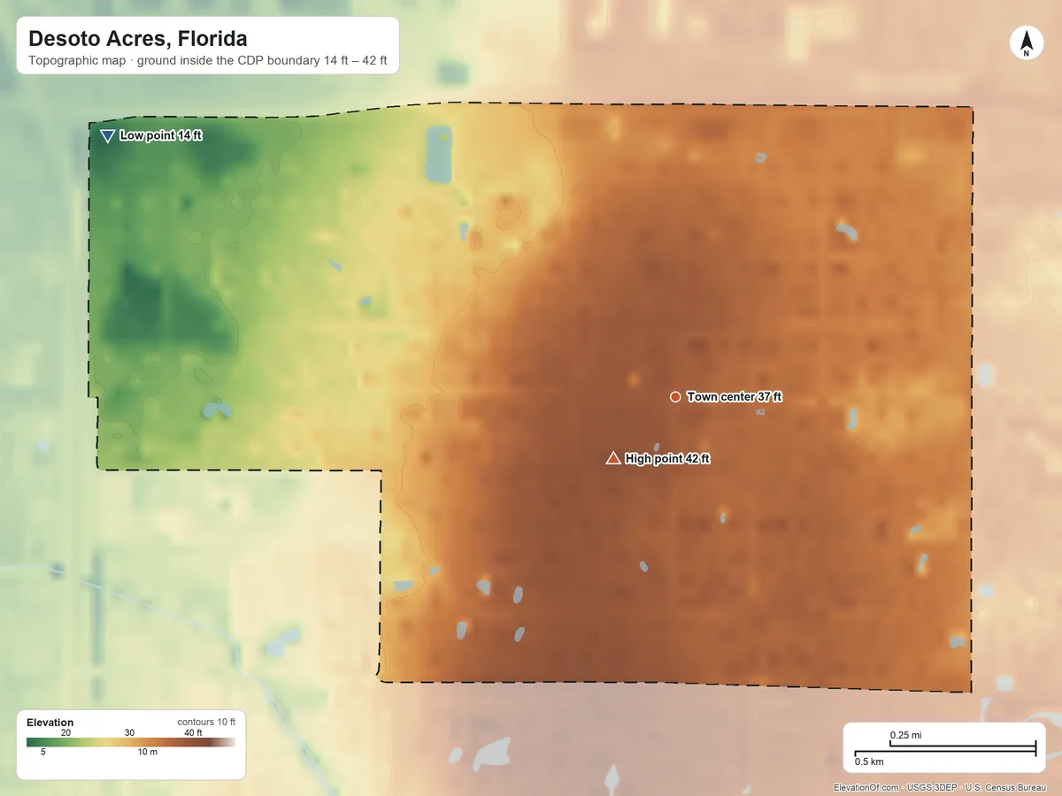 Topographic elevation map of Desoto Acres, Florida, shaded from 14 ft on the northwest side to 42 ft near the middle