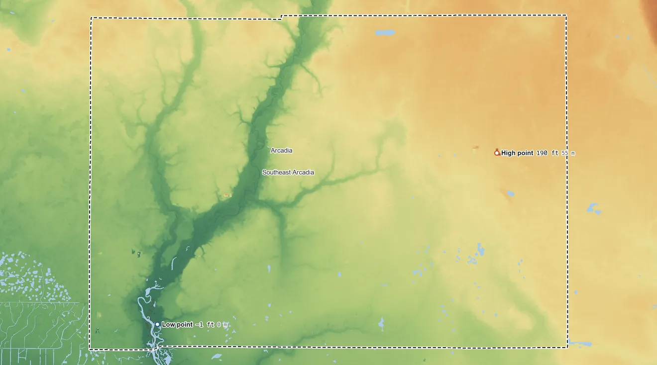 Topographic elevation map of DeSoto County, Florida, shaded from 1 ft below sea level on the southwest side to 190 ft on the east side