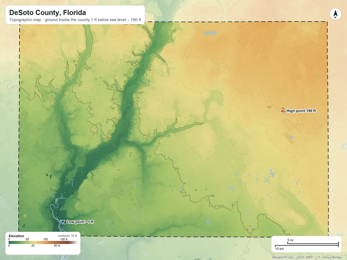 Topographic elevation map of DeSoto County, Florida, shaded from 1 ft below sea level on the southwest side to 190 ft on the east side