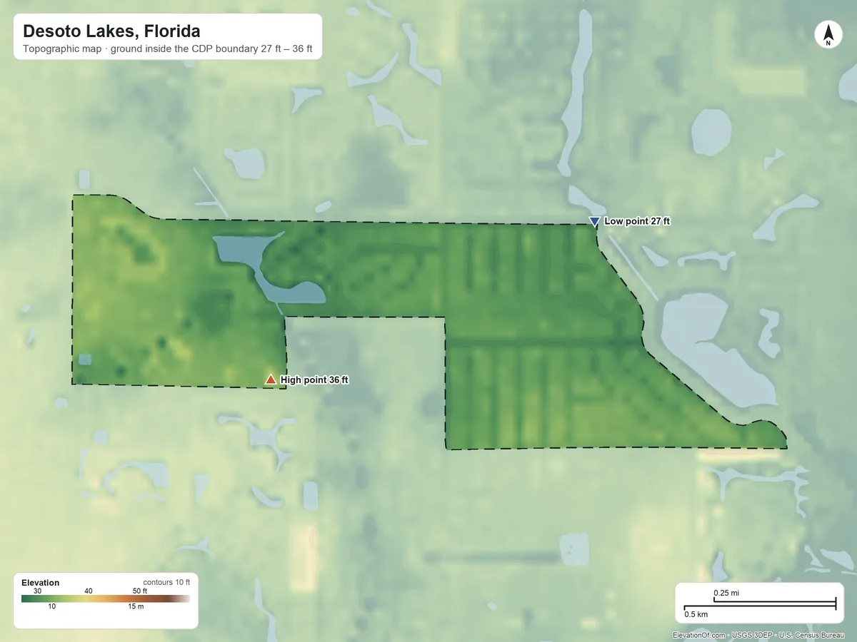 Topographic elevation map of Desoto Lakes, Florida, shaded from 27 ft on the northeast side to 36 ft on the southwest side