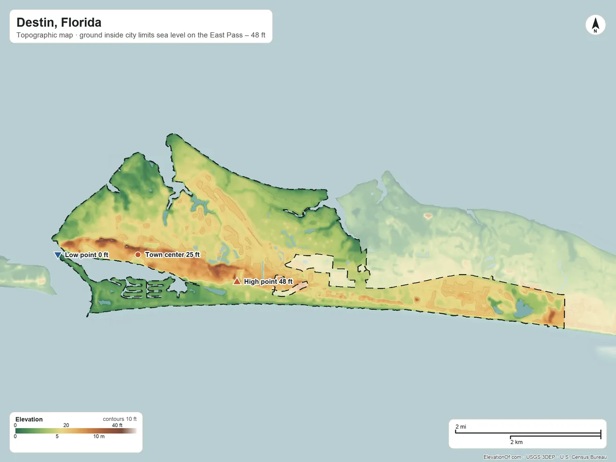 Topographic elevation map of Destin, Florida, shaded from sea level level on the East Pass to 48 ft on the east side