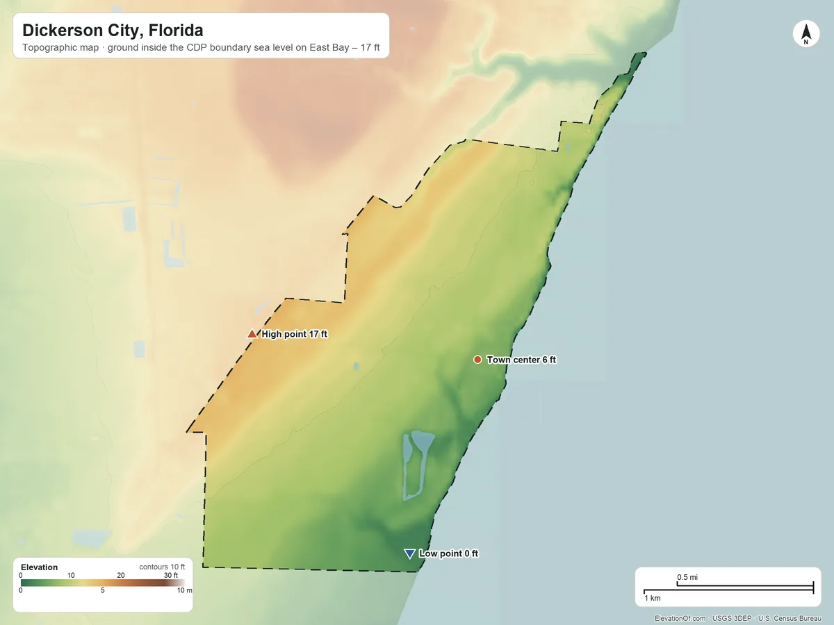 Topographic elevation map of Dickerson City, Florida, shaded from sea level level on East Bay to 17 ft on the west side
