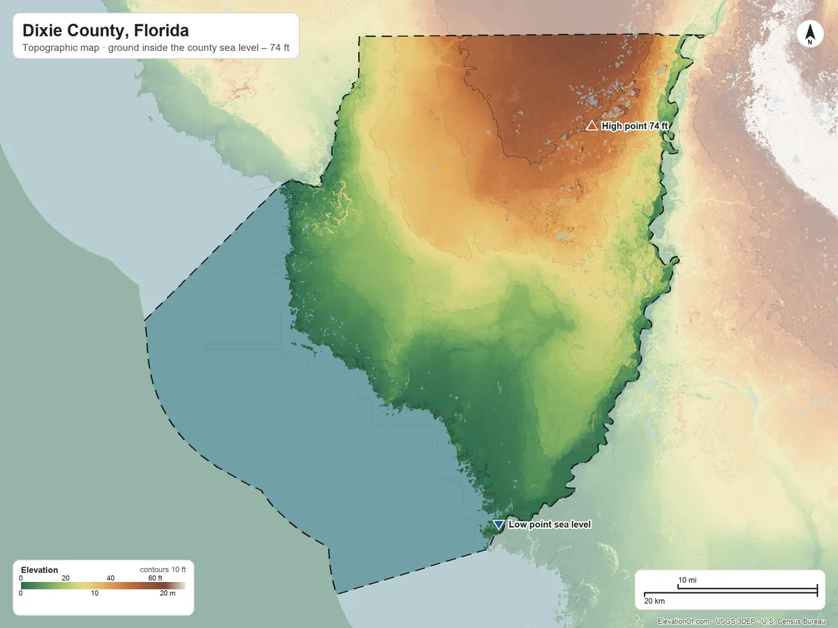 Topographic elevation map of Dixie County, Florida, shaded from sea level on the Gulf of America to 74 ft on the northeast side