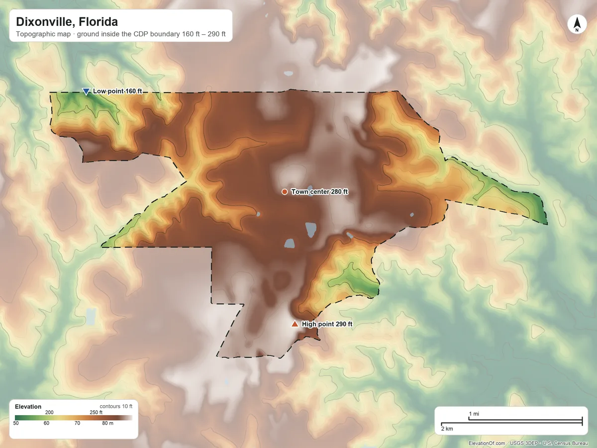 Topographic elevation map of Dixonville, Florida, shaded from 160 ft on the northwest side to 290 ft on the south side