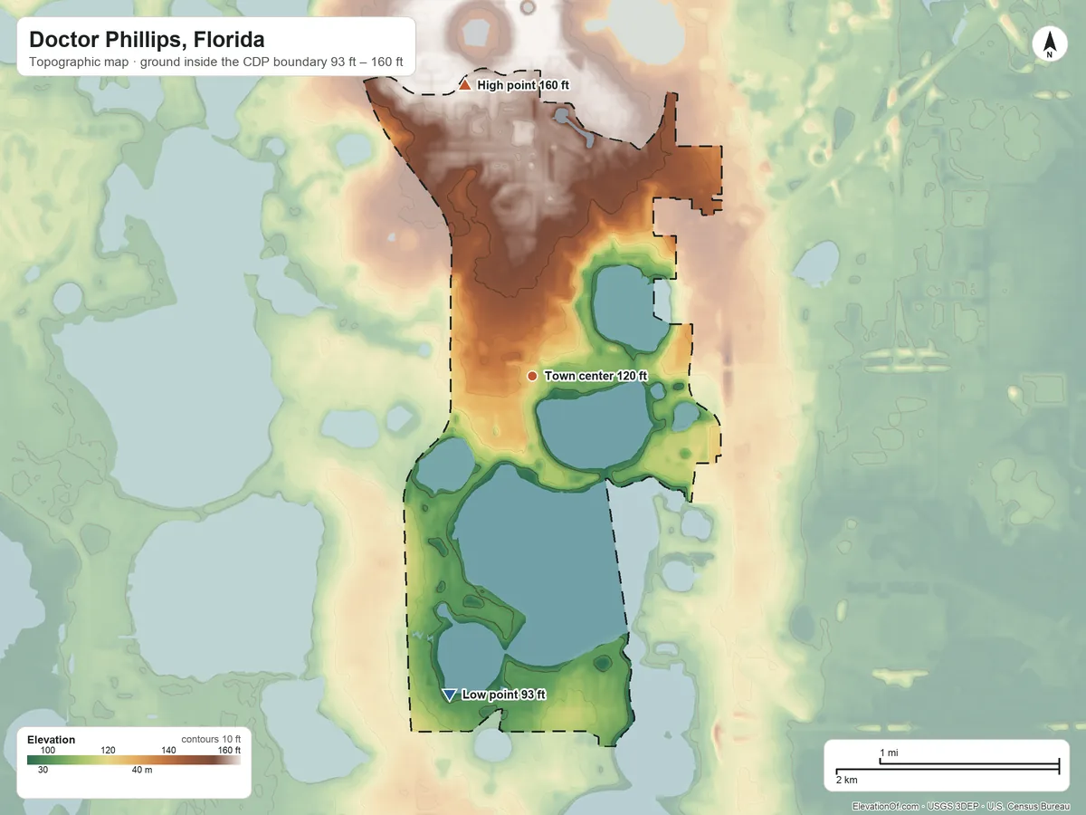 Topographic elevation map of Doctor Phillips, Florida, shaded from 93 ft on the south side to 160 ft on the north side