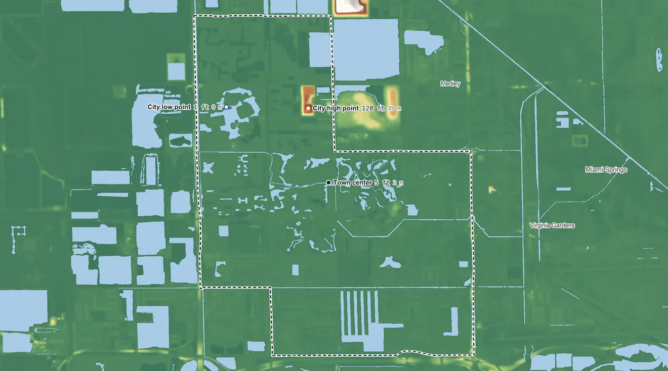 Topographic elevation map of Doral, Florida, shaded from 1 ft on the northwest side to 120 ft on the north side