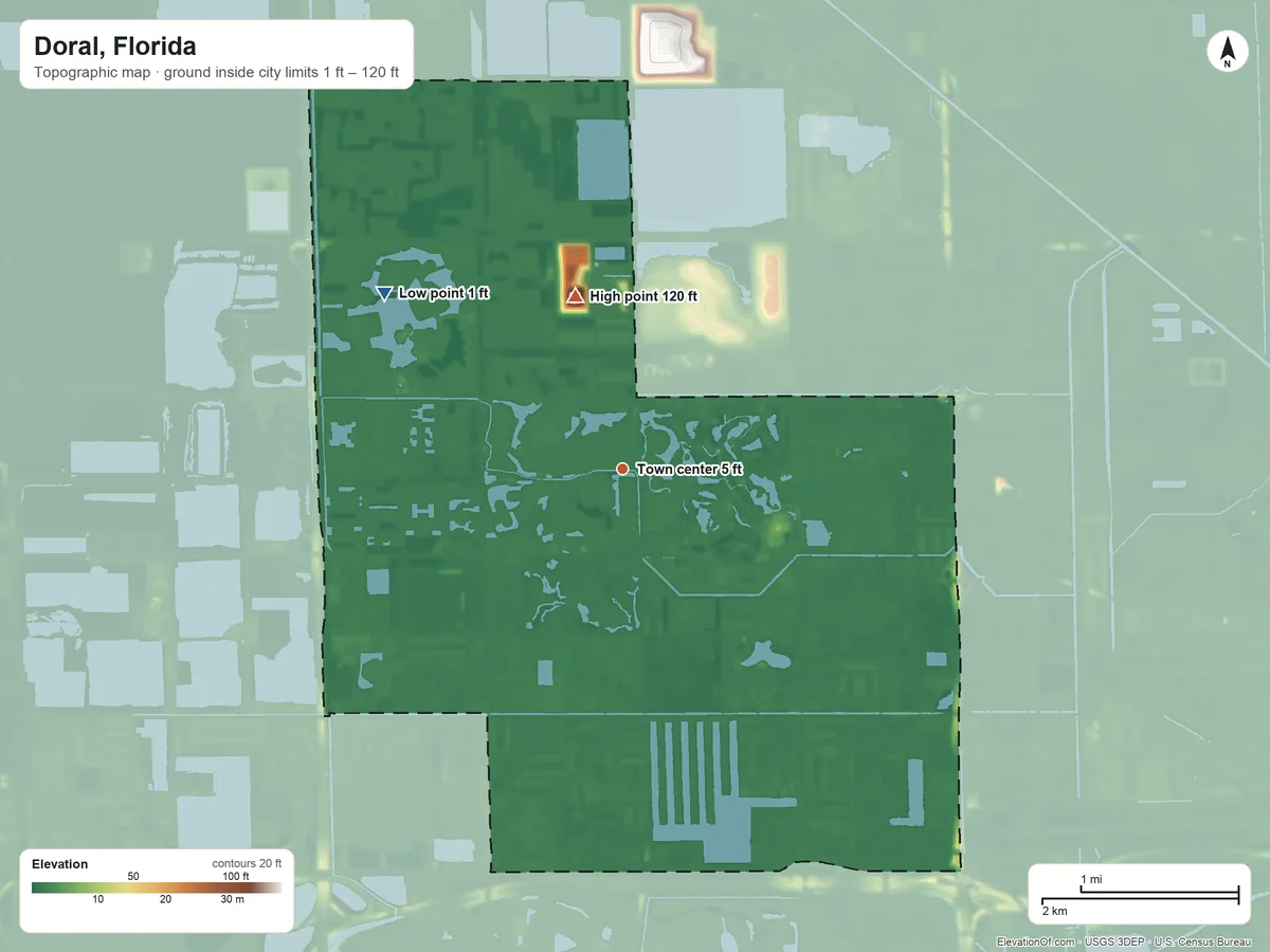 Topographic elevation map of Doral, Florida, shaded from 1 ft on the northwest side to 120 ft on the north side