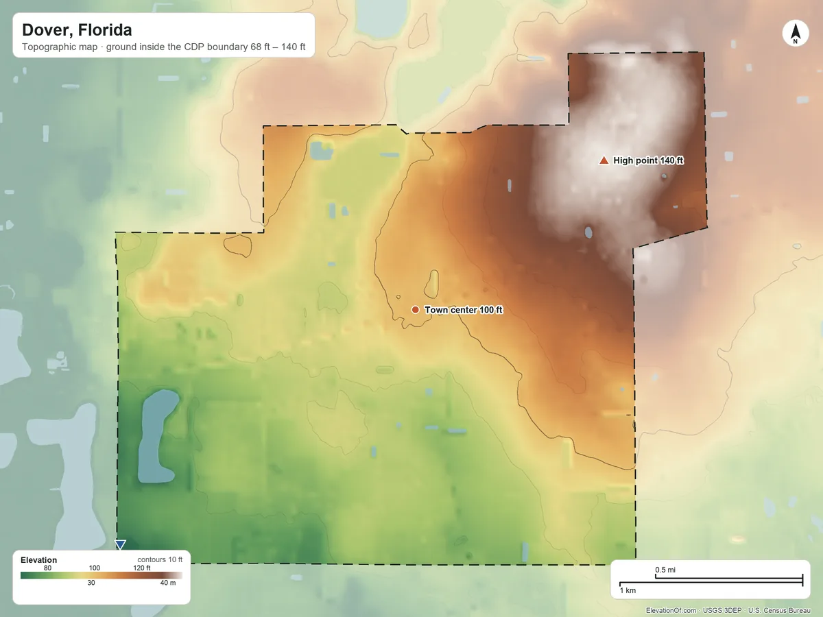 Topographic elevation map of Dover, Florida, shaded from 68 ft on the southwest side to 140 ft on the northeast side