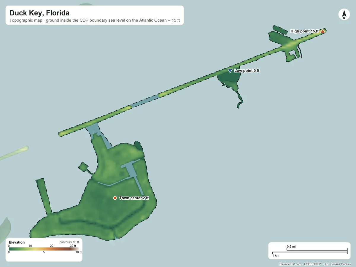 Topographic elevation map of Duck Key, Florida, shaded from sea level level on the Atlantic Ocean to 15 ft on the northeast side