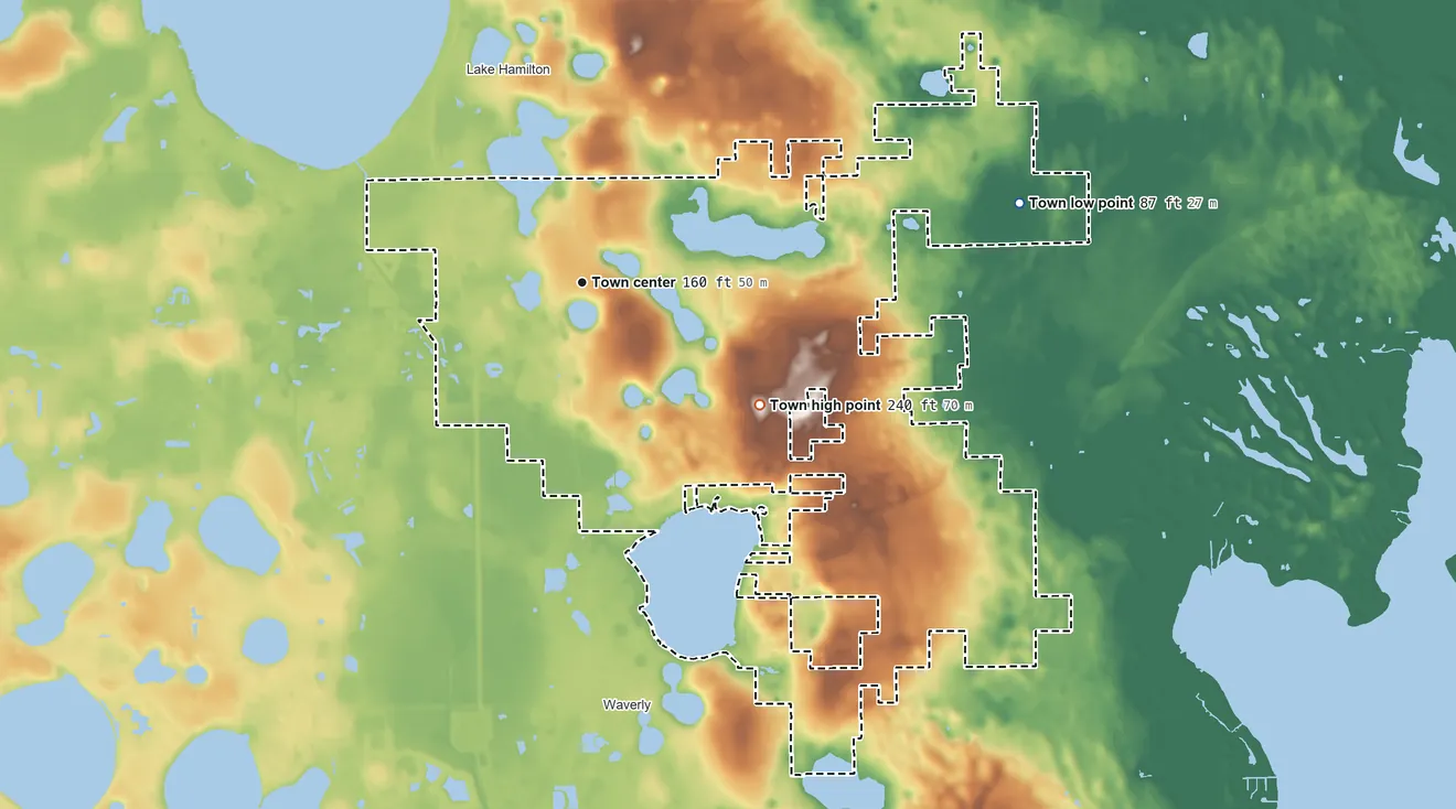 Topographic elevation map of Dundee, Florida, shaded from 87 ft on the east side to 240 ft on the southeast side