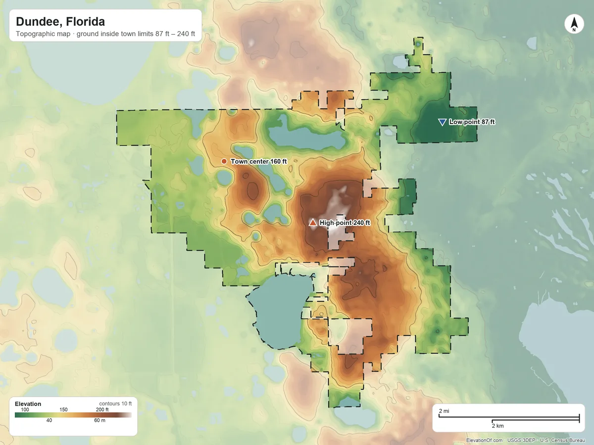 Topographic elevation map of Dundee, Florida, shaded from 87 ft on the east side to 240 ft on the southeast side