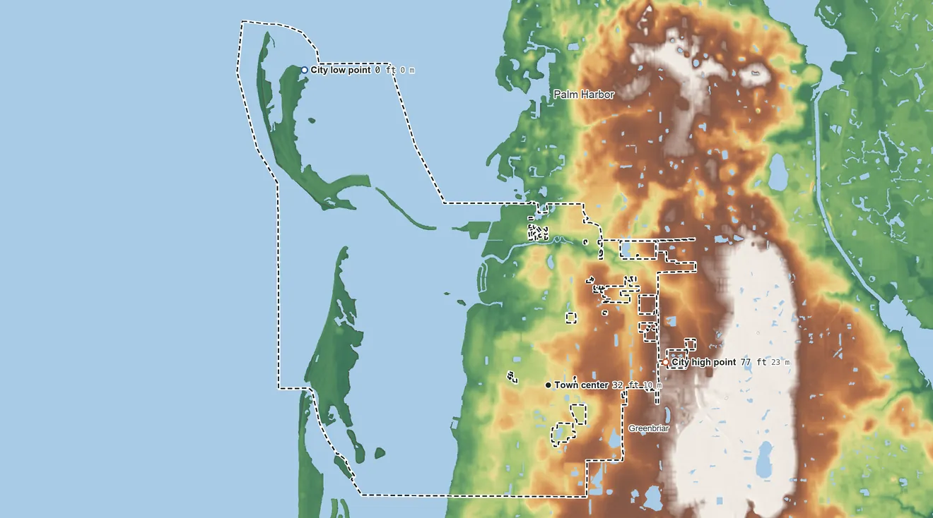 Topographic elevation map of Dunedin, Florida, shaded from sea level level on the Scharrer Bayou to 77 ft on the east side