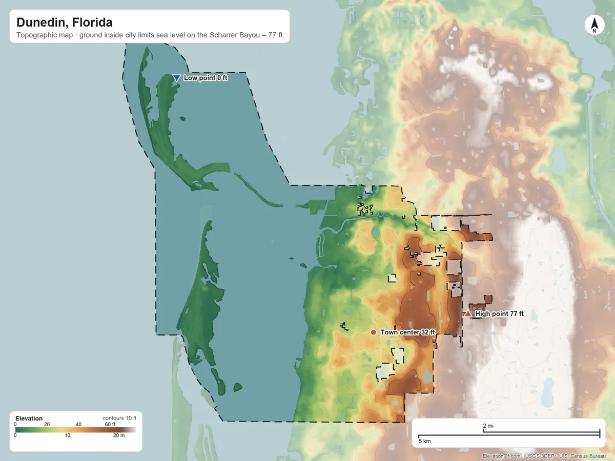 Topographic elevation map of Dunedin, Florida, shaded from sea level level on the Scharrer Bayou to 77 ft on the east side