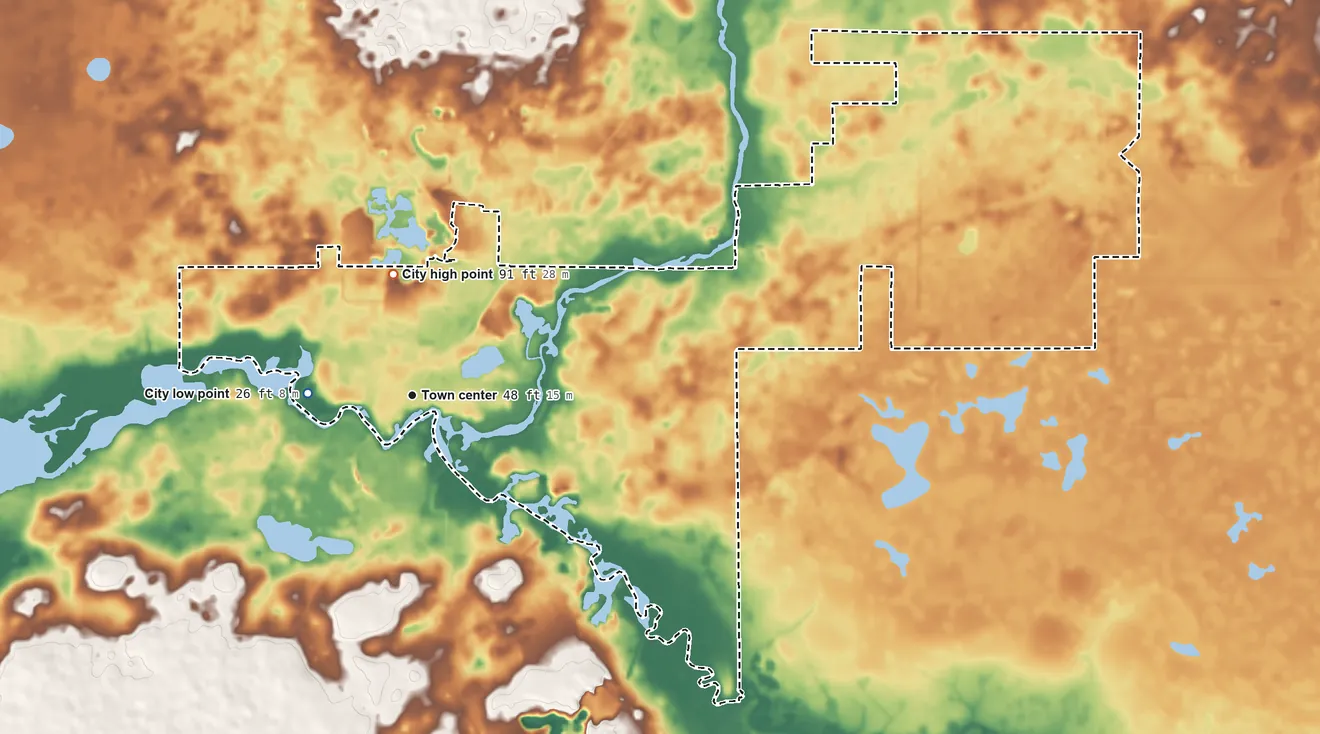 Topographic elevation map of Dunnellon, Florida, shaded from 26 ft near the middle to 91 ft on the north side