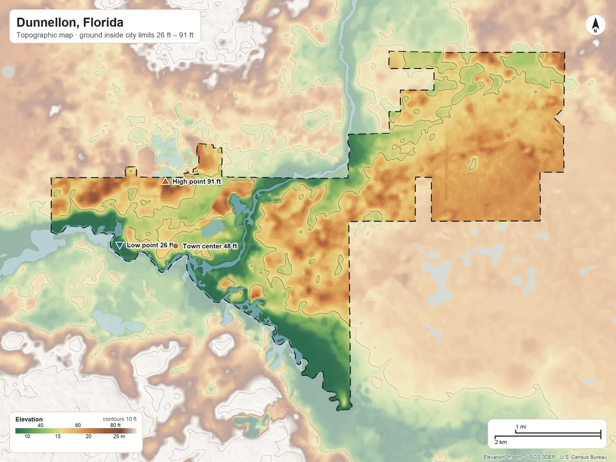 Topographic elevation map of Dunnellon, Florida, shaded from 26 ft near the middle to 91 ft on the north side