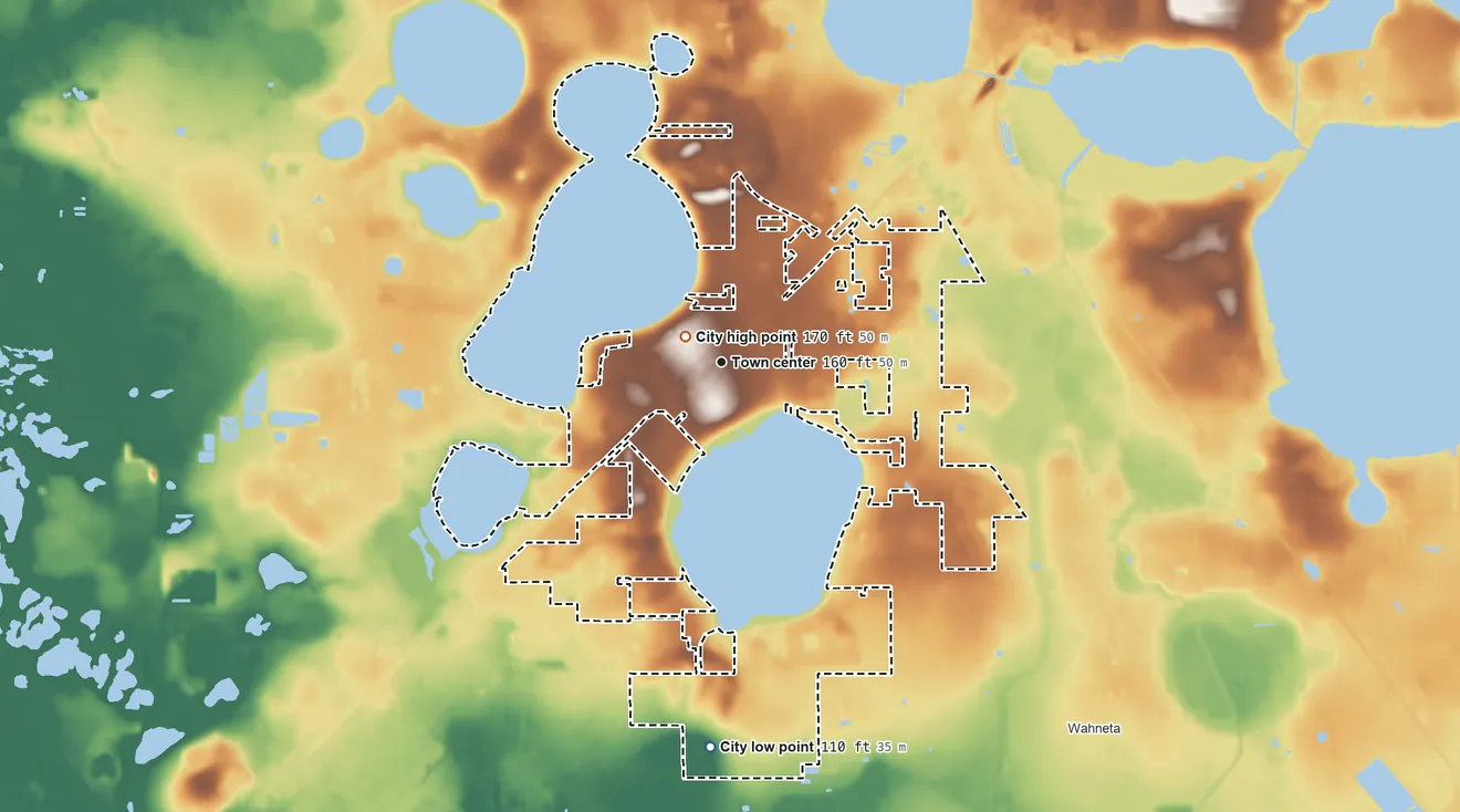 Topographic elevation map of Eagle Lake, Florida, shaded from 110 ft on the south side to 170 ft near the middle