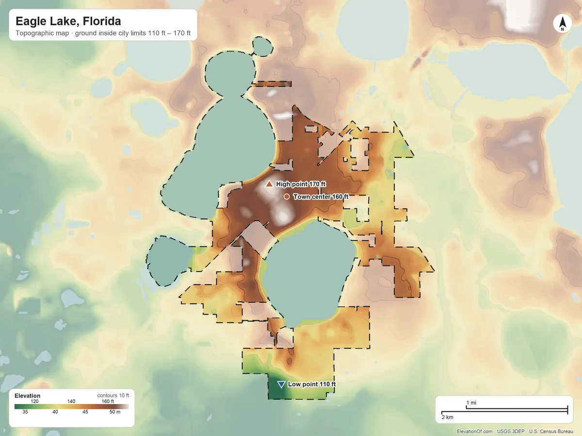 Topographic elevation map of Eagle Lake, Florida, shaded from 110 ft on the south side to 170 ft near the middle