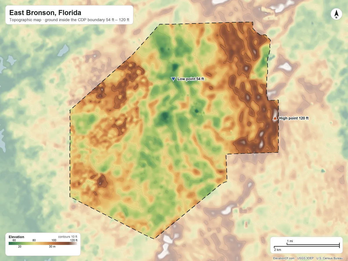 Topographic elevation map of East Bronson, Florida, shaded from 54 ft on the north side to 120 ft on the east side