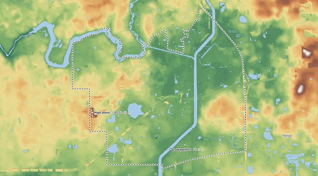 Topographic elevation map of East Lake-Orient Park, Florida, shaded from 6 ft on the south side to 130 ft on the west side