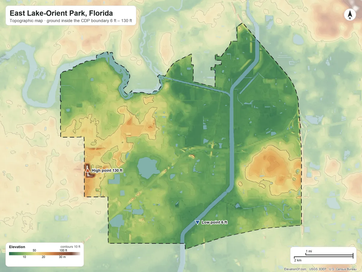 Topographic elevation map of East Lake-Orient Park, Florida, shaded from 6 ft on the south side to 130 ft on the west side