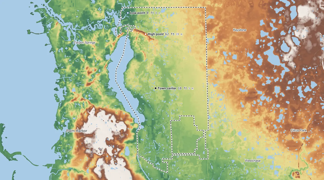 Topographic elevation map of East Lake, Florida, shaded from 0 ft on the north side to 62 ft on the north side