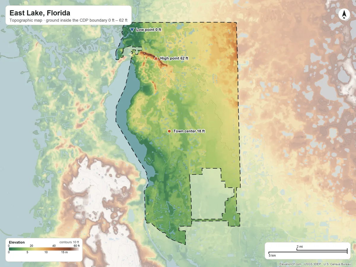 Topographic elevation map of East Lake, Florida, shaded from 0 ft on the north side to 62 ft on the north side
